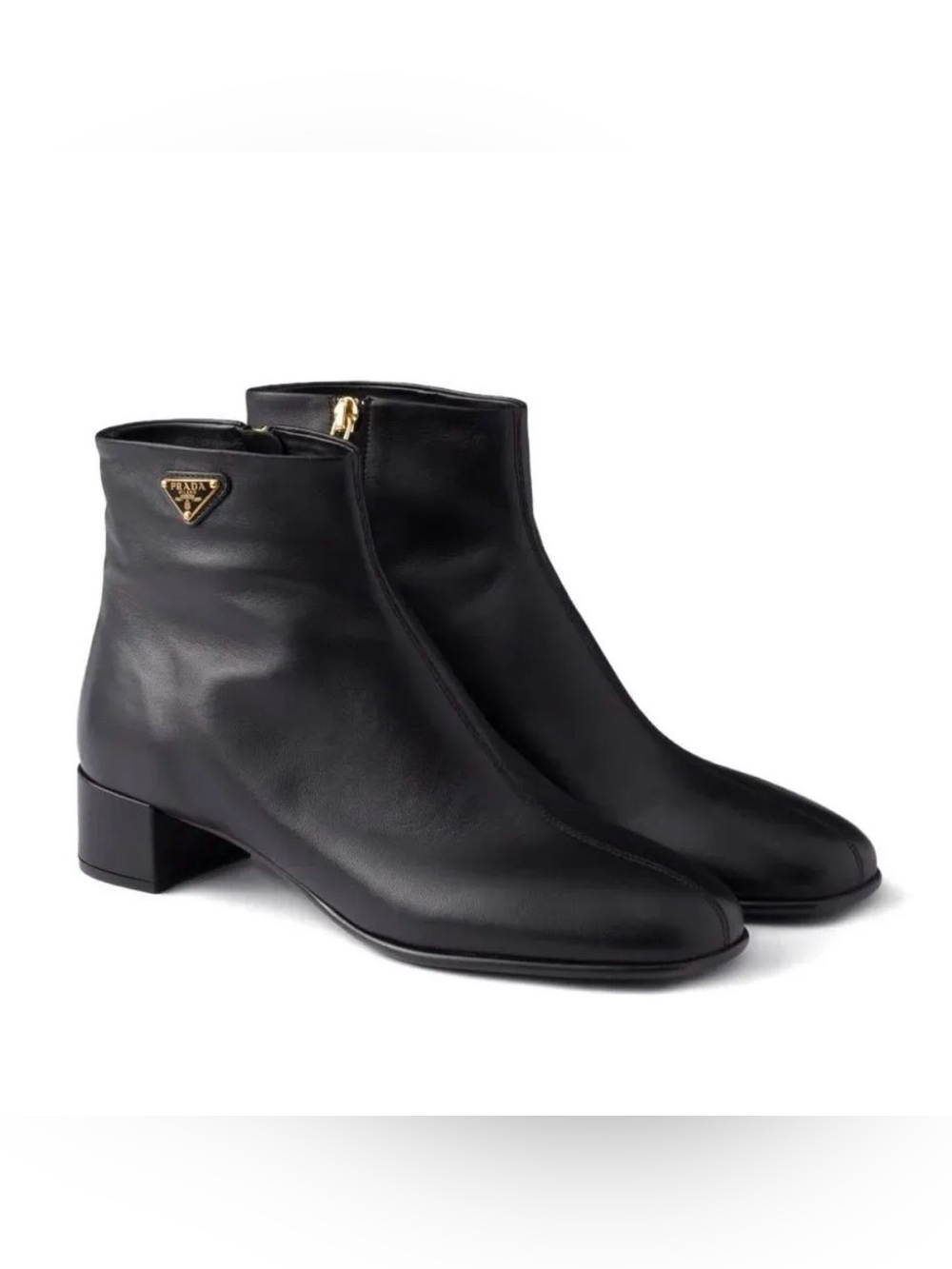 Prada Black Leather Ankle Booties with Gold Logo Sz 42